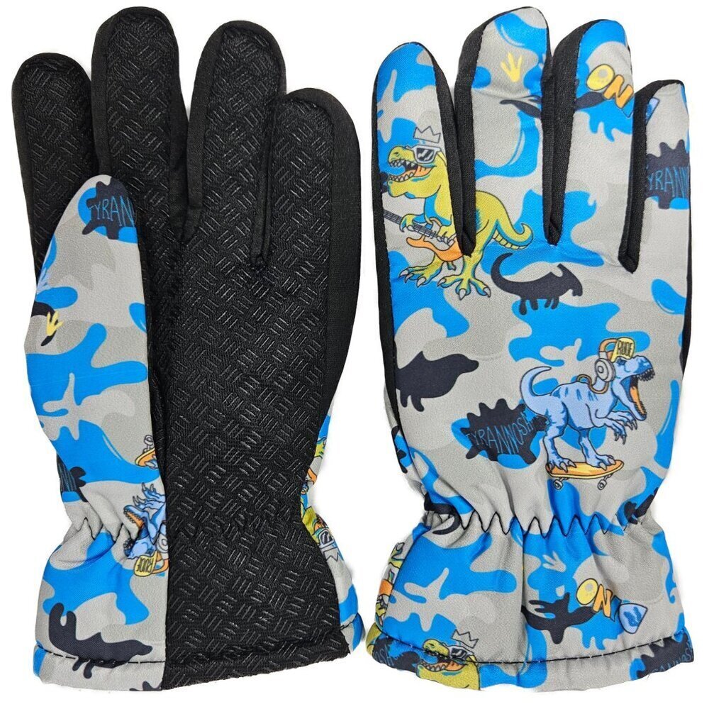 Kids Winter Gloves, Boys Girls Ski Glove,  Faux Fur Lined Dinosaur Designs, Blue